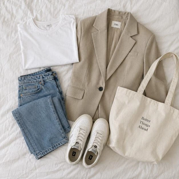 capsule wardrobe essentials flat lay of neutral clothing