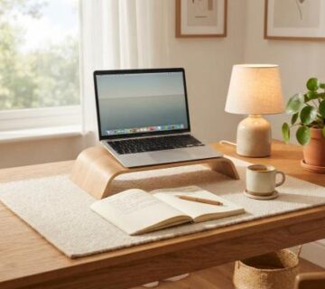 aesthetic desk setup with laptop stand lamp and plant