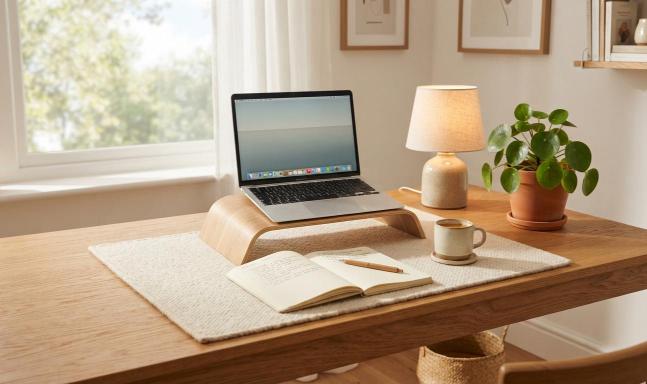 aesthetic desk setup with laptop stand lamp and plant