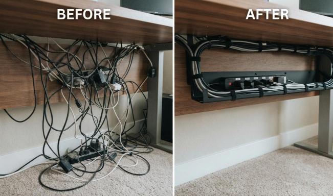 before and after cable management in an aesthetic desk setup