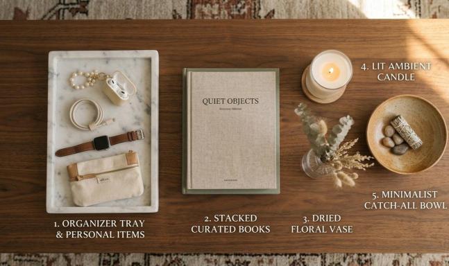 coffee table styling formula: tray books candle vase and bowl
