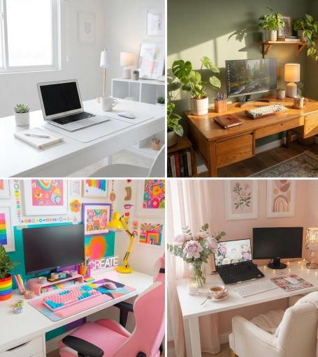 four aesthetic desk setup styles: minimal cozy bold and pastel