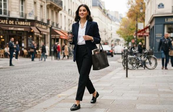 day version of a day to night outfit with blazer loafers and tote