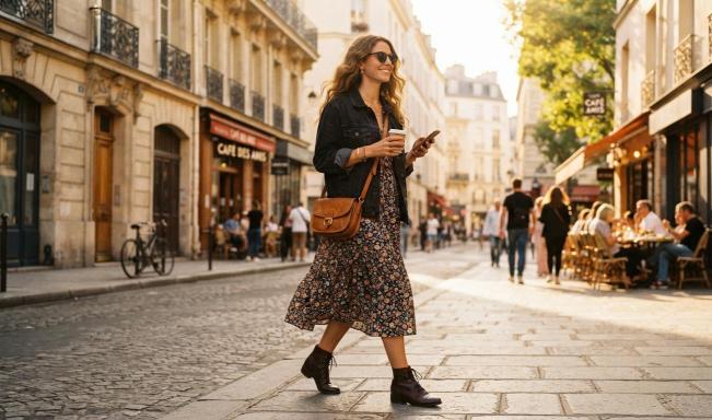 summer to fall outfit transition with sundress denim jacket and boots