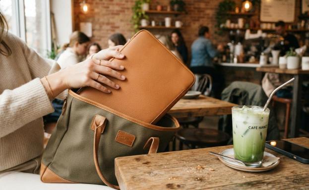 stylish laptop sleeve styled at a café table