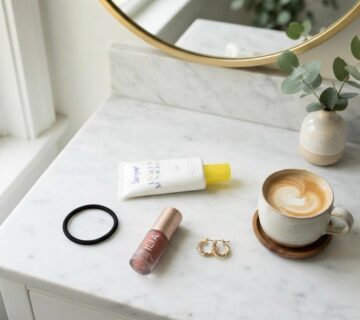 quick morning routine essentials laid out on a bathroom counter