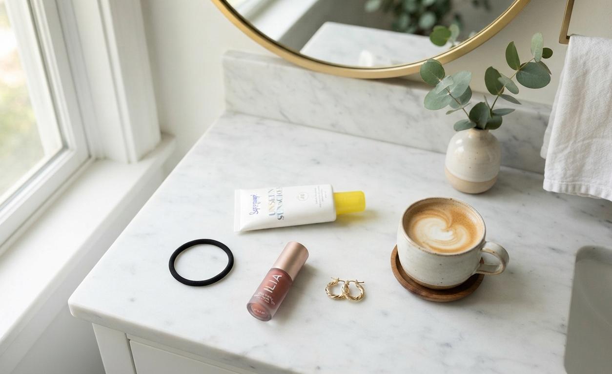 quick morning routine essentials laid out on a bathroom counter