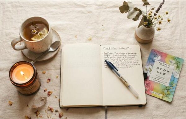 sunday reset routine flat lay with candle journal and skincare