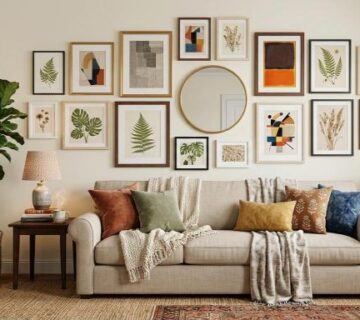 easy DIY wall art gallery wall above a neutral sofa