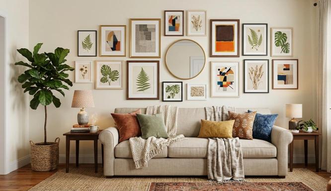 easy DIY wall art gallery wall above a neutral sofa