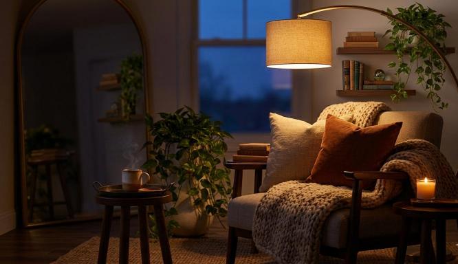floating shelves and plant finishing a cozy reading nook