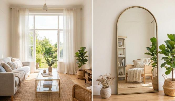 large arched floor mirror used to reflect light in a small space