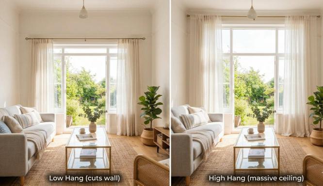 before and after high and wide curtain hanging trick for small spaces