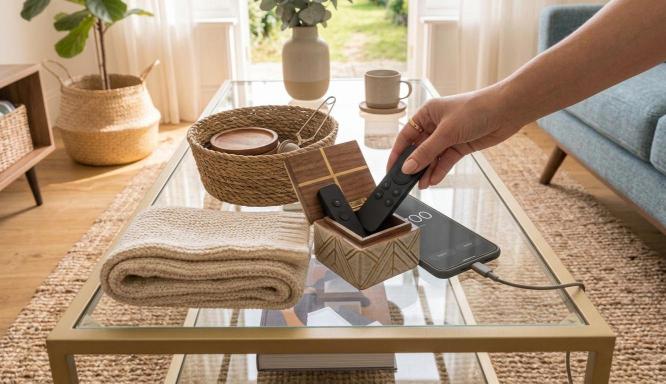 organizing remotes during a living room reset routine