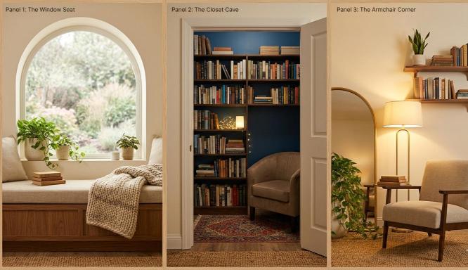 small space cozy reading nook ideas: window seat corner and closet cave