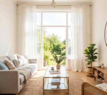 small space decorating hacks showing a bright living room with mirrors and sheer curtains