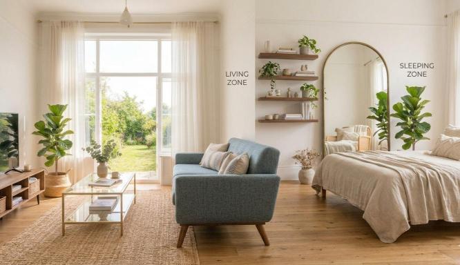 furniture zoning in a small studio apartment with clear walking paths
