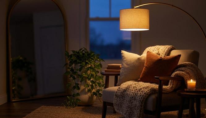 warm floor lamp lighting in a cozy reading nook at dusk